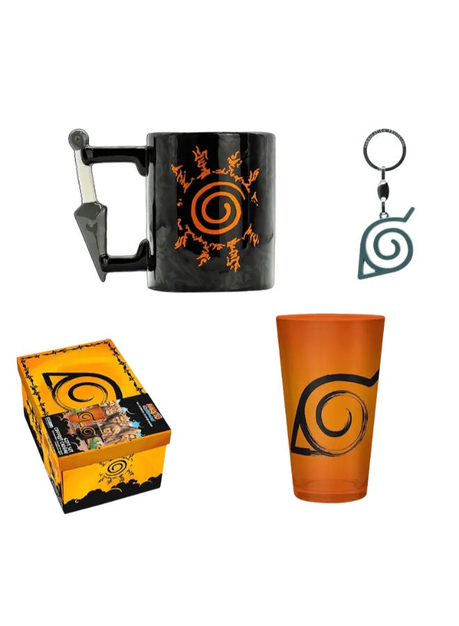 بوكس ناروتو شيبودن الفاخر: كوب زجاجي كبير + ميدالية مفاتيح + مج ثلاثي الأبعاد